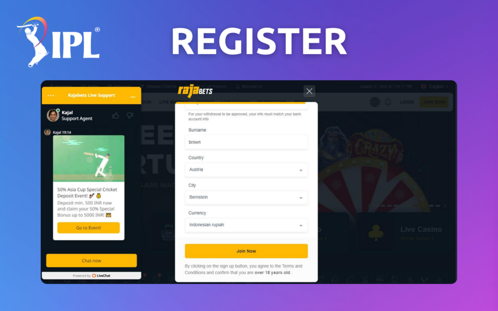 Rajabets IPL betting site Registration instruction